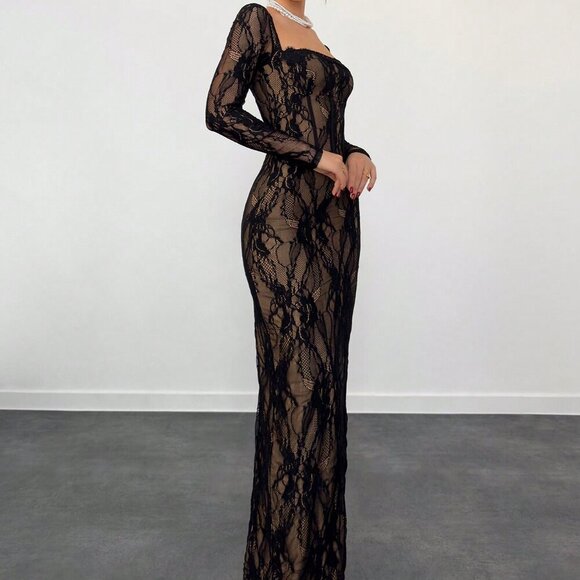 Black Casual Women's Sexy Lace Long Sleeve Corset Collar Slim Fit Floor Dress - Picture 5 of 6